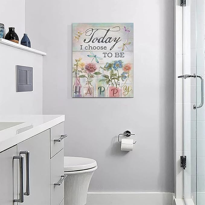 yerretin Floral Bathroom Wall Art Country Flower Dragonfly Pictures Wall Decor Rustic Canvas Print Painting Artwork Home Decorations for Bedroom Living Room Office Framed 16"x20"