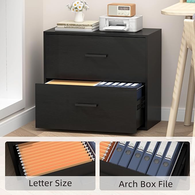 2 Drawer Lateral File Cabinet, Printer Stand Black Filing Cabinets for Home Office and School, Wood Rattan File Cabinet for Hanging Files/Letter/Legal Size, Black