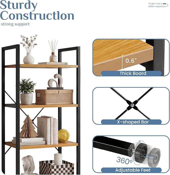 DUMOS 4 Tiers Bookshelf, Classical Book Shelf, Tall Display Shelves in Living Room/Home/Office, Storage Organizer for CDs/Books/Movies, Wood