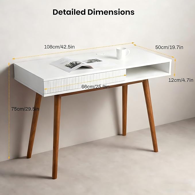 Artswish White Writing Desk with Drawers Mid Century Modern Desk, Wood Office Computer Desks for Small Space, White Desks with Walnut Legs