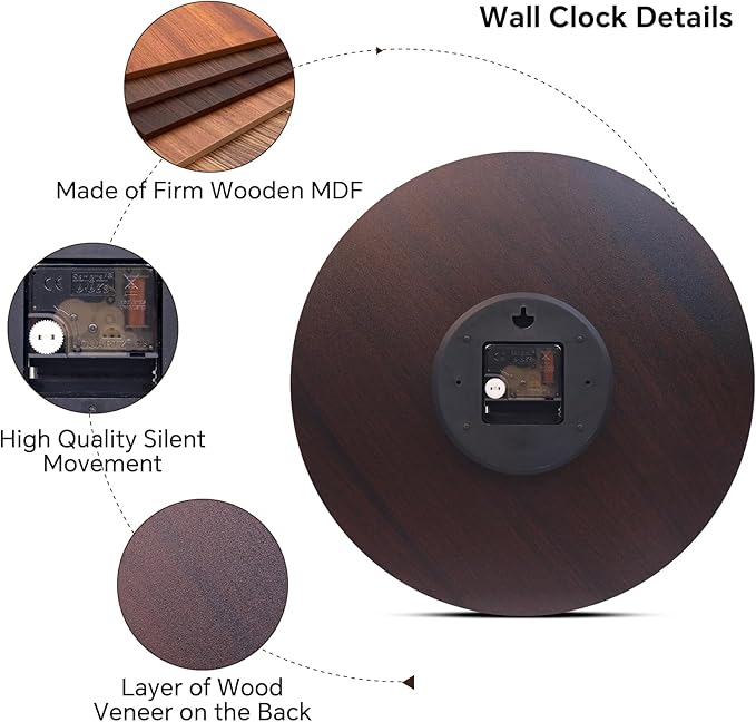 14 Inch Retro Vintage French Country Style Round Wooden Wall Clock Silent Battery Operated Non-Ticking Decorative Clock for Kitchen Farmhouse Bedroom Home Wall