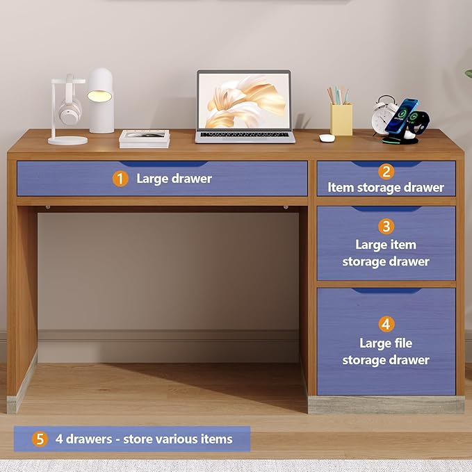 Small Desk with Drawers, 52 Inch Computer Desk with Storage, Home Office Desk with Filing Drawer for Bedroom, Brown