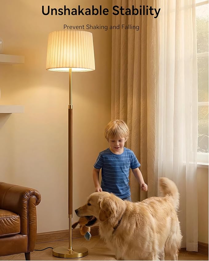 JOOFO Mid-Century Modern Wood Floor Lamp with Dual Fabric Shade, Remote Control, Dimmable & Adjustable Color Temperature, Reading & Living Room Lamp, Easy Clean Cover, Foot Switch,Walnut Wood