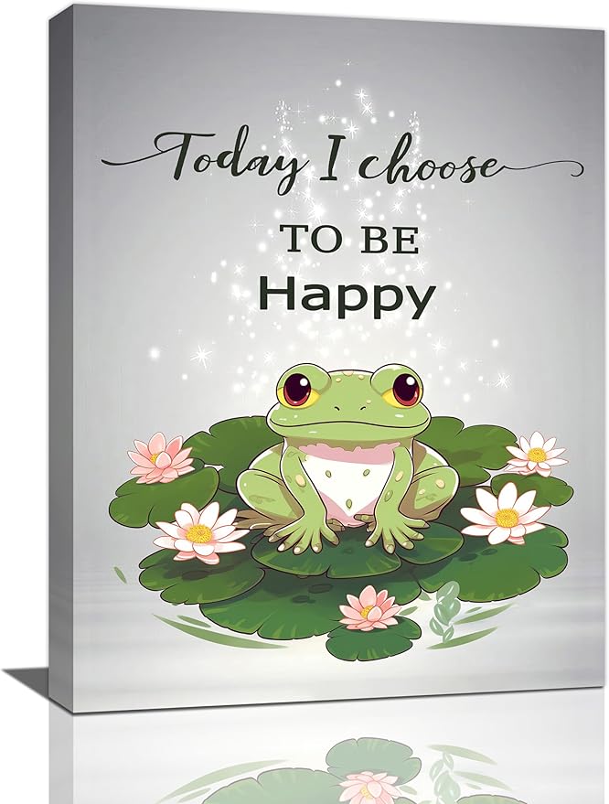 yerretin Frog Wall Art Funny Frog Lotus Pictures Wall Decor Flower Canvas Painting Modern Artwork Home Decorations for Bathroom Living Room Bedroom Office Framed 12"x16"