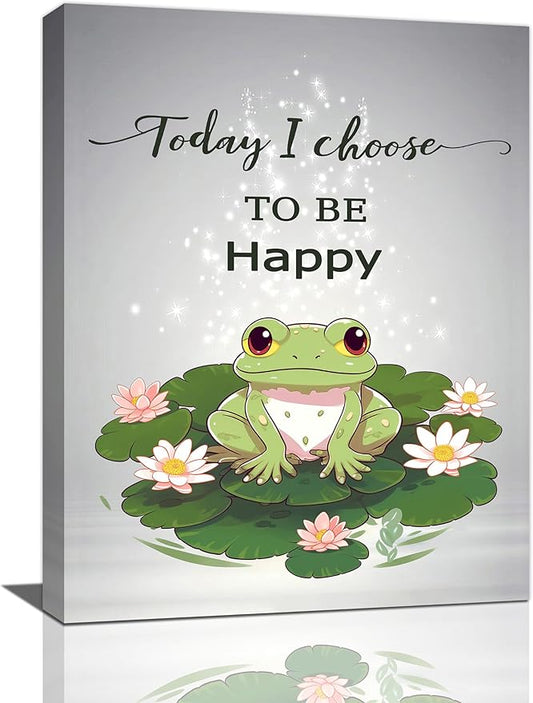 yerretin Frog Wall Art Funny Frog Lotus Pictures Wall Decor Flower Canvas Painting Modern Artwork Home Decorations for Bathroom Living Room Bedroom Office Framed 12"x16"