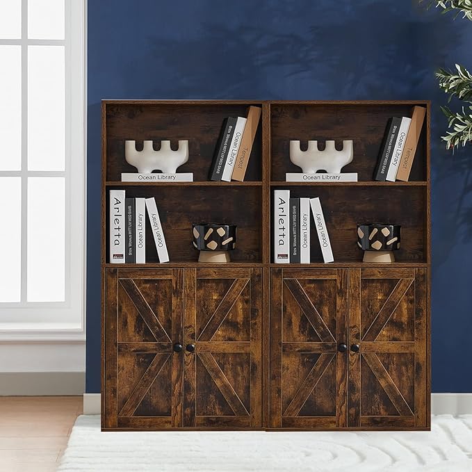 Bookshelves and Bookcases with Barn Doors Set of 2, Farmhouse Bookshelf with Display Shelves, Floor Standing 4-Tier Book Shelf with Storage Cabinet for Home Office, Living Room, Bedroom