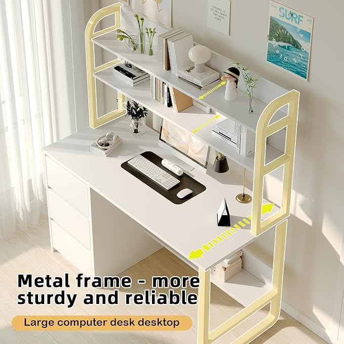 White Desk with Hutch, 47 Inch Computer Desk with 3 Drawers for Bedroom, Study Writing Desk with Shelves for Small Spaces, Adjustable Feet