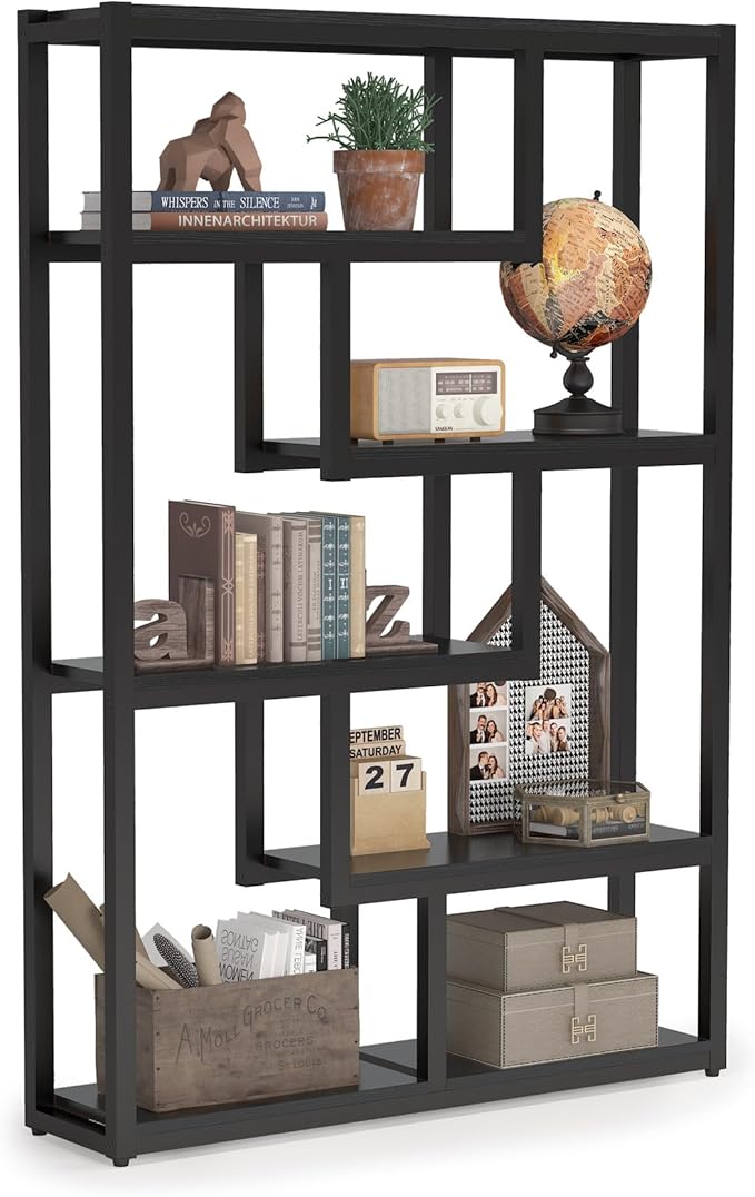 Tribesigns Way to Origin 6-Shelf Modern Bookshelf Set of 2, Industrial Etagere Bookcase, 69-Inch Tall Storage Display Staggered Shelves with Sturdy Metal Frame, Black