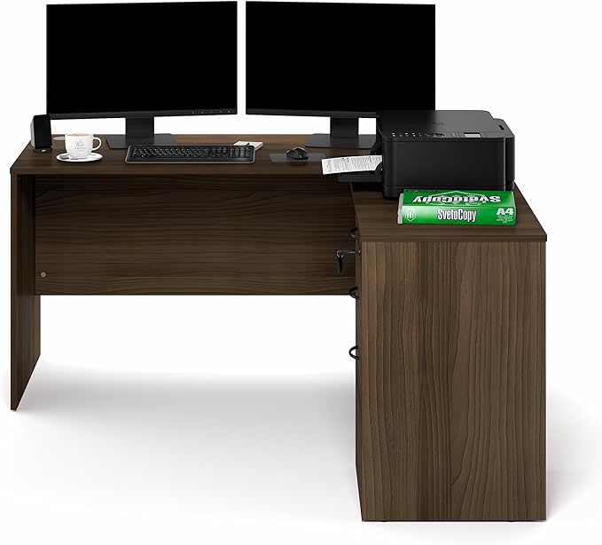 Furinno Roger 60 Inch L-Shaped Executive Desk with File Cabinet, L-Shaped Office Desk with 3-Drawer Fixed Pedestal Filing Cabinet, Desk Cord Grommet, for Home Office, Modern Walnut