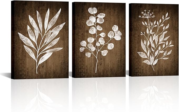 Conipit Rustic Botanical Wall Art Canvas Brown Botanical Painting Minimalist Vintage Leaf Plant Artwork Prints Framed For Living Room Bedroom Wall Decor 12''X16''X3pcs