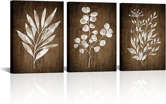 Conipit Rustic Botanical Wall Art Canvas Brown Botanical Painting Minimalist Vintage Leaf Plant Artwork Prints Framed For Living Room Bedroom Wall Decor 12''X16''X3pcs