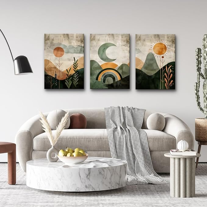 TTHYUEWS Large Canvas Wall Decor For Living Room Boho Wall Art For Bedroom Office Wall Decor Abstract Wall Paintings Vintage Geometry Pictures Artwork Modern Home Decorations 3 Piece Ready To Hang