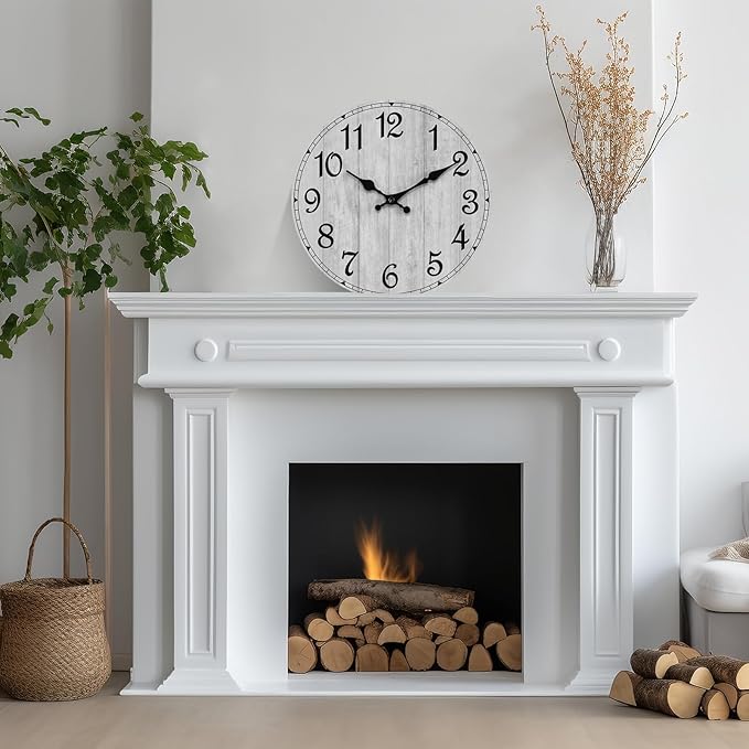 HYLANDA Wall Clock, Rustic Wall Clocks Battery Operated Silent Non Ticking, Country Round Wooden Clocks Farmhous Wall Decorative for Kitchen, Bathroom, Living Room (Gray 8 Inch)