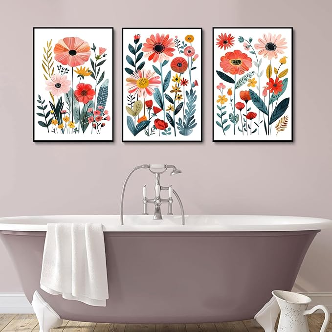 KISSFOX Framed Colorful Wildflower Canvas Wall Art Set Of 3 Flowers Pictures Prints Flowers Printing Floral Watercolors Flower wall Decor Living Room Girls Bedroom Bathroom