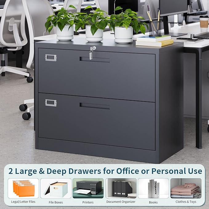 MIIIKO Lateral File Cabinet 2 Drawer, Black Metal File Cabinet with Lock, 35.4" Wide Drawers Storage File Cabinet for Hanging Files Folders Letter/Legal/A4 Size