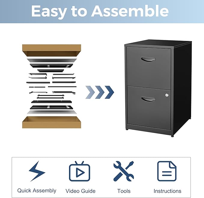 2 Drawer File Cabinet with Lock, Metal File Cabinets for Home Office, Under Desk Storage, Printer Stand, Office File Cabinets for Letters and File Boxes, Assembly Required, Black