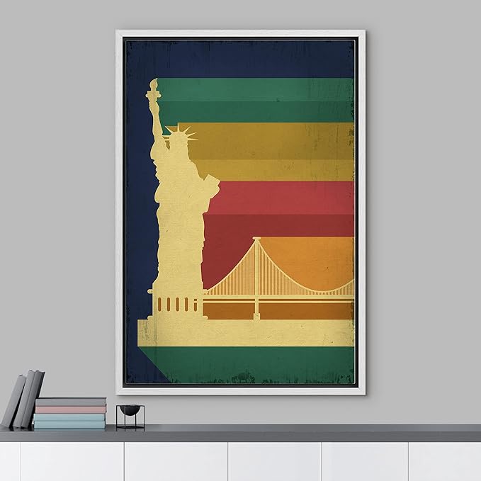 IDEA4WALL Framed Canvas Print Wall Art Retro Vintage Rainbow Statue of Liberty Poster Cultural Building Illustrations Modern Art Contemporary Scenic for Living Room, Bedroom, Office - 24"x36" WHITE