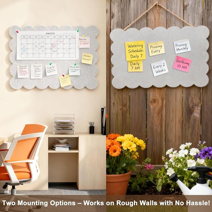 2 Pack Hanging & Wall-Mounted Felt Bulletin Board with Scalloped Edges, Multi-Use Pin Board, Cork Board Alternative for Office, Includes Hanging Rope, Hardware, and Double-Sided Tape（23.6 * 17.7inch）