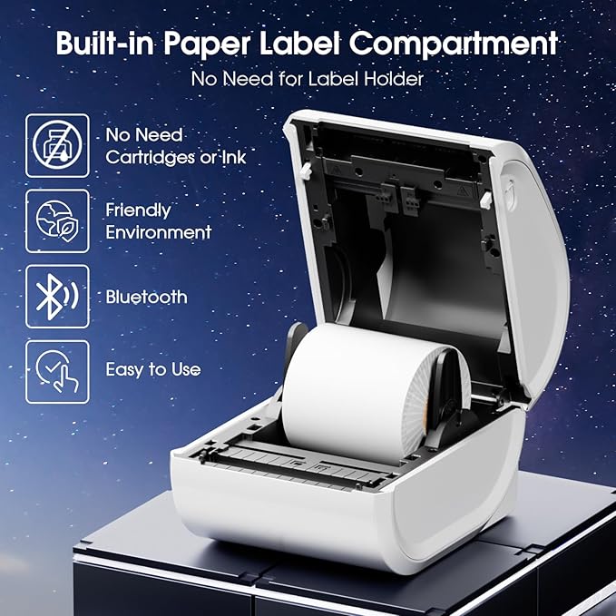 Bluetooth Shipping Label Printer with 1 Roll Labels - D520BT Thermal Label Printer, Thermal Printers with Built-in Label Holder, Come with 500PCS 4x6‬ White Labels (500 Labels/Roll)