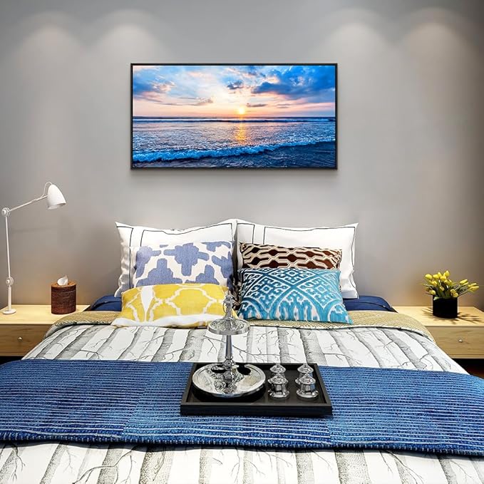 Black Framed Canvas Wall Art For Living Room Blue Beach Ocean Sea Waves Landscape Wall Decor Ready To Hang Home Decorations Bedroom Kitchen Bathroom Canvas Prints Posters Painting Wall Mural Artwork