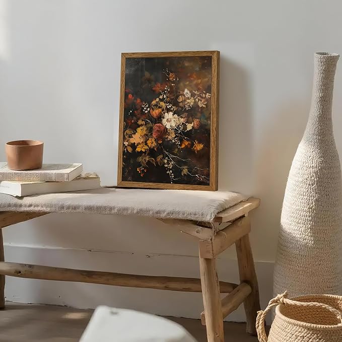 AVECCO Framed Dark Academia Vintage Flowers Canvas Wall Art, Nature Botanical Painting Wall Decor, Farmhouse Floral Plant Art Prints for Bathroom Bedroom Living Room Office Home Ready to Hang 12x16 In