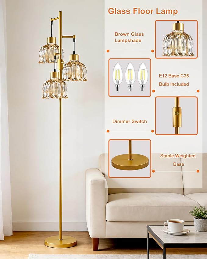 Gold Floor Lamps for Living Room, 3-Light Dimmable Floor Lamp with Brown Glass Shade& E12 Bulbs Included, 65'' Mid Century Tall Standing Lamp for Bedroom/Sofa Beside/Corner Decor