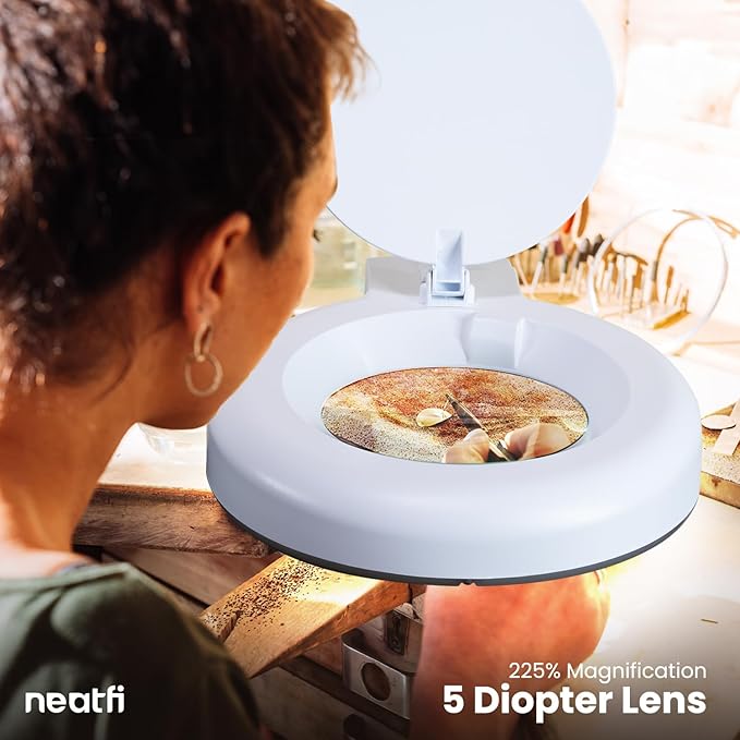 Neatfi LED Magnifying Lamp with Clamp | 12W | 60 SMD LEDs |1,200 Lumens | Adjustable Step Dimming | 2.25x Magnification Desk Lamp Magnifier for Crafts, Painting, and Hobbies (White, 5-Diopter)
