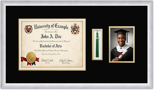 CountryArtHouse Diploma Tassel and Photo Shadowbox Fits 13 x 10 College Diploma (Traditional) with Tas Stainless Silver Genuine Hardwood with Black Over Metallic Gold Double mat