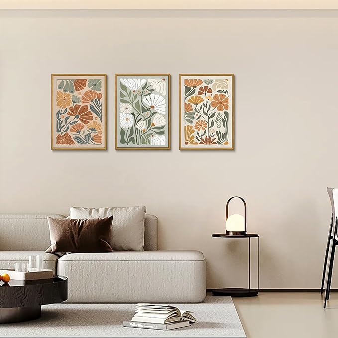 KISSFOX Framed Canvas Wall Art Abstract Floral Botanical Print Set of 3 Green Beige Wildflower Flower Market Paintings Boho Modern Minimalist Pictures Decor Bedroom Bathroom Living Room