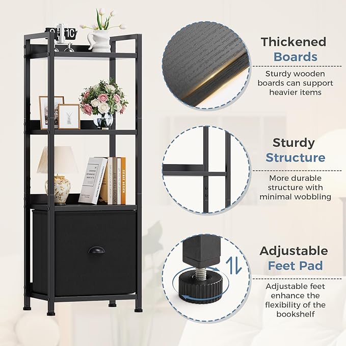 DUMOS 4 Tier Bookshelf, Bookcase with Fabric Drawer, Multi-Functional Display Standing Shelf for CDs/Books/Movies, Wood and Metal Storage Organizer in Bedroom, Living Room and Closet, Black