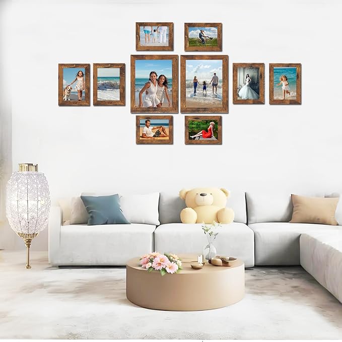Picture Frames Set 10 Pack Collage Picture Frames,Gallery Wall Frame Set with Four 8x10, Four 5x7, Four 4x6, Farmhouse Rustic Photo Frames for living room Wall Gallery Decor or Desk,Grey