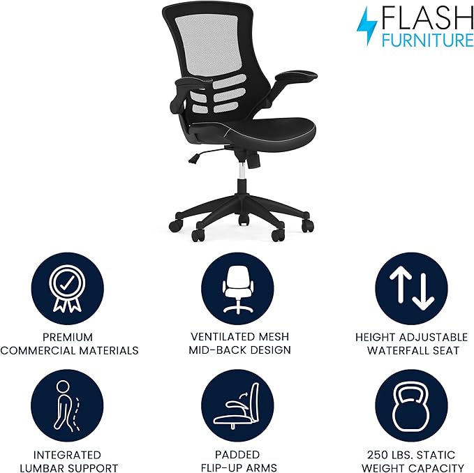Flash Furniture Kelista Mid-Back Swivel Office Chair with Adjustable Seat Height, Ergonomic Mesh Desk Chair with LeatherSoft Seat, Black