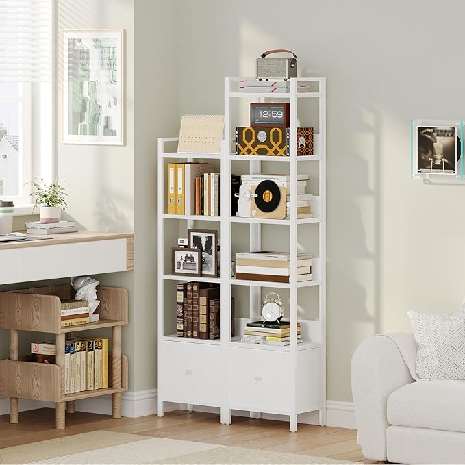 Bookshelf, 6-Tier Bookcase with Drawer, Small Book Shelf for Small Space, Storage Shelf Organizer, for Living Room, Bedroom, Study, Kitchen, White BKWT66101