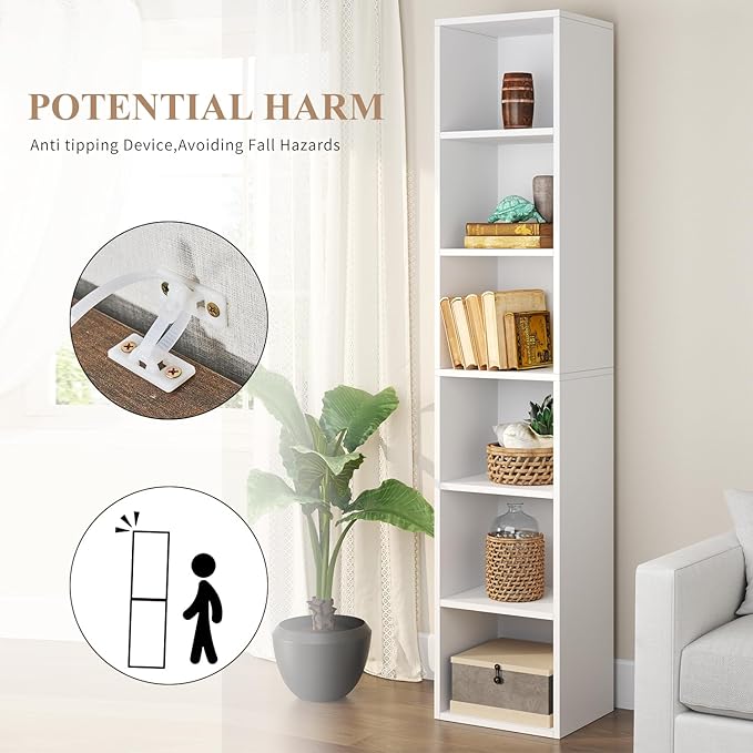 Narrow Bookshelf & Bookcase Set of 2, 6-Tier Floor Standing Open Book Shelf, Modern Corner Bookshelf with Storage Space, 71.5" Tall Bookshelves for Bedroom, Living Room and Office, White