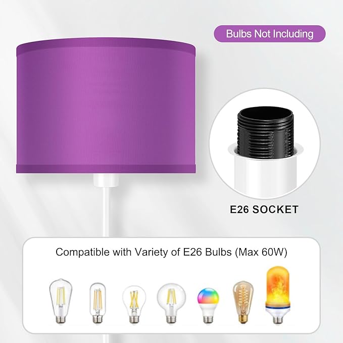 Floor Lamp, Standing Lamp, Modern Stand Up Lamps with Purple Lampshade, 59" Tall, Foot Switch, Simple Living Room Decor for Kids Room, Girls Room, Den, Office - White(NO Bulb,E26 Base)