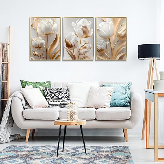 3Pcs Vintage Minimalist Floral Wall Art White Gold Abstract flowers Wall Decor Pictures Modern Luxury Poster Prints tulip Plants Painting Artwork for Office Home Decoration 16x24in
