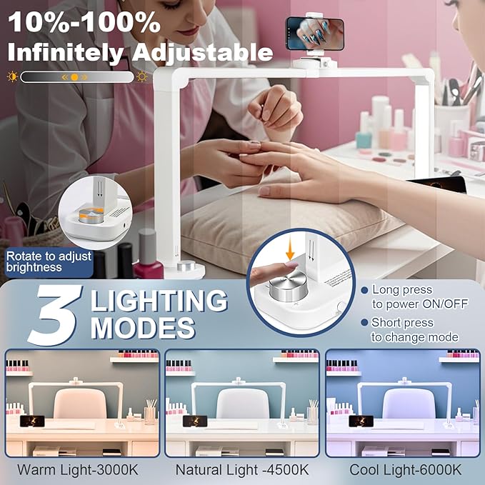 CGBE Foldable Nail lamp for Desk: Large Wide Half Moon Light with Phone Holder for Nail Salon Technicians - No Glare Craft Desk Light for Manicure lash Task for Esthetician 33.5'' - White