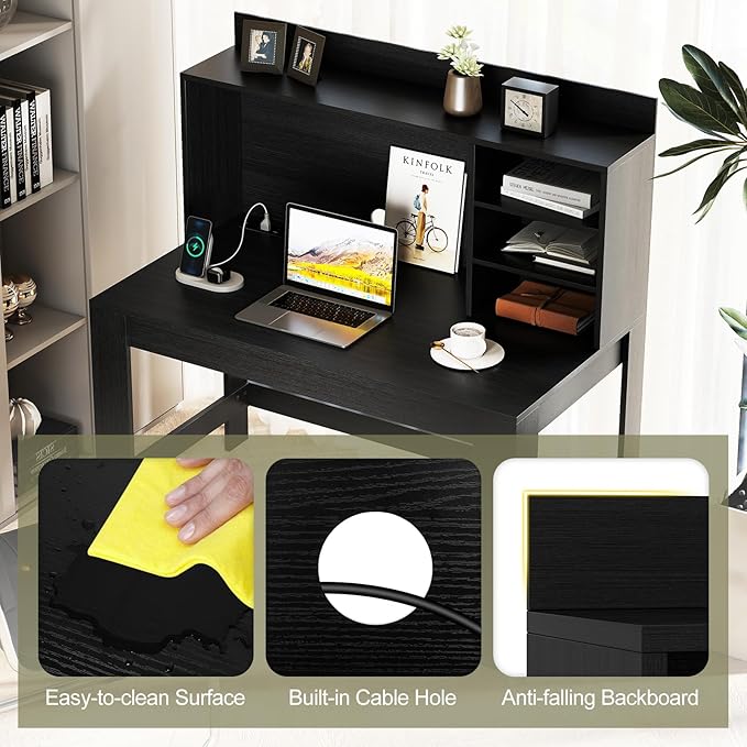Giantex Computer Desk with Hutch, Modern Home Office Desk with Power Outlets, Storage Shelves & Cable Hole, Makeup Vanity Table, Study Writing Desk for Bedroom Office Small Space (Black)