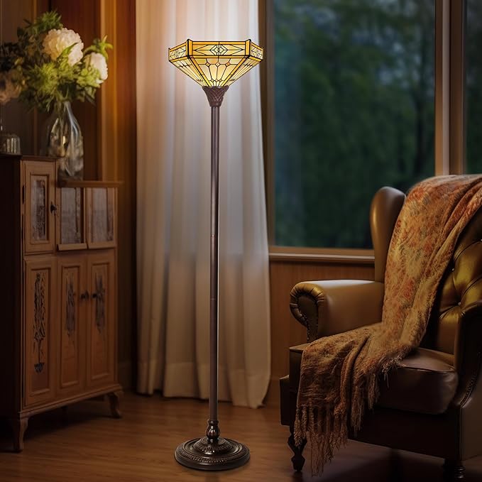 Capulina Tiffany Lamp Stained Glass Torchiere Floor Lamp 70 Inches Tall Industrial Bronze Pole Cream Hexagon Tiffany Style Standing Floor Lamp for Home Office Living Room Bedroom