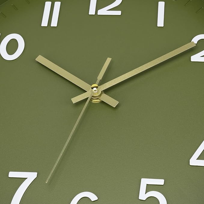 Foxtop Modern Wall Clock Silent Non-Ticking Battery Operated Round Quartz 12 Inch Wall Clock for Bedroom Living Room Kitchen Home School Office Decor (Olive Green and Gold)