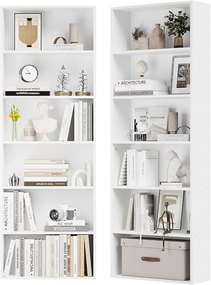 6-Tier Bookshelf & Bookcase Set of 2, Floor Standing Open Book Shelf, Wooden Display Storage Shelves with Anti-Tipping Device, 71" Tall Bookshelves for Bedroom, Living Room and Office, White