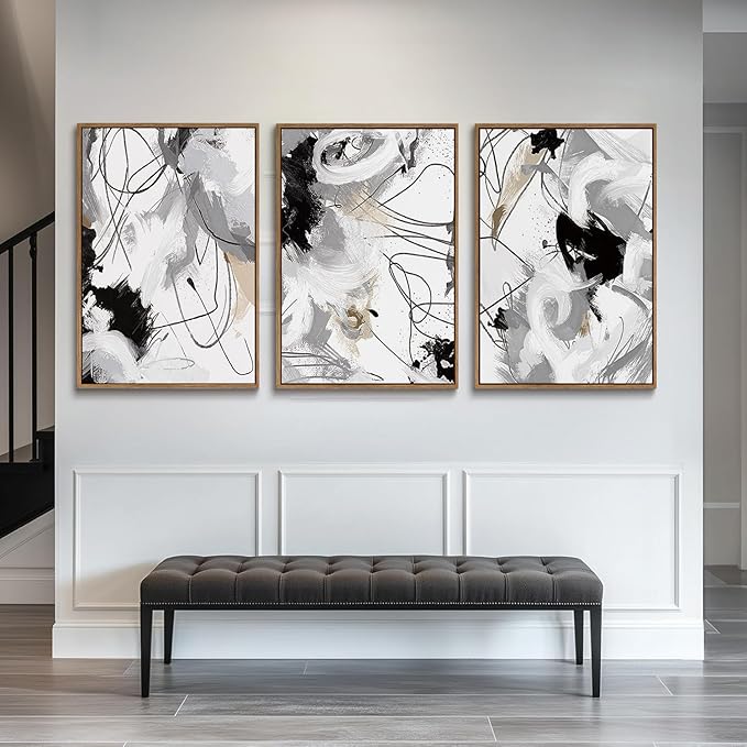 myusuar 3 Piece Large Modern Abstract Canvas Framed Wall Art For Living Room, Black And White Lines Minimalist Wall Art Decor Posters Prints For Bedroom Office, 24x36in