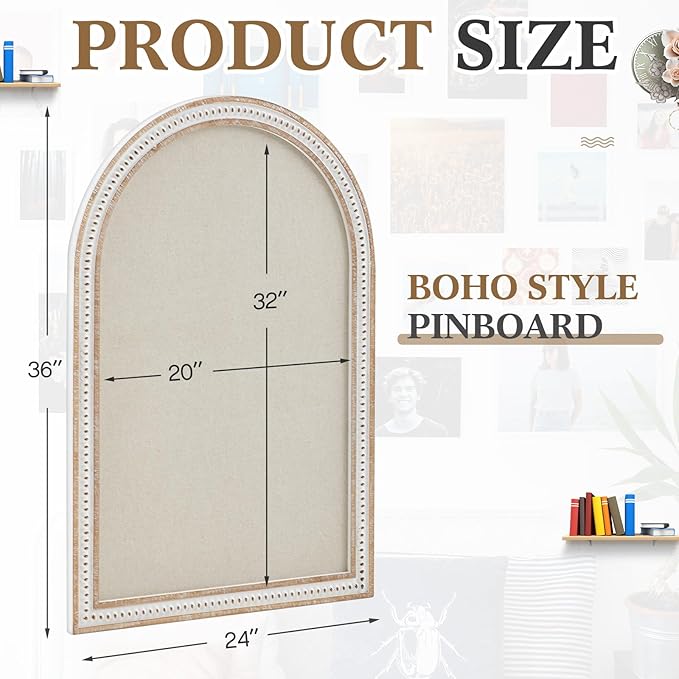 Vintage Framed Pin Board Linen Display Bulletin Board Large Cork Fabric Picture Photo Pinboard Memo Ornate Decorative Pinboard Ornate for Wall Gift(Arch,24" X 36",Boho White)