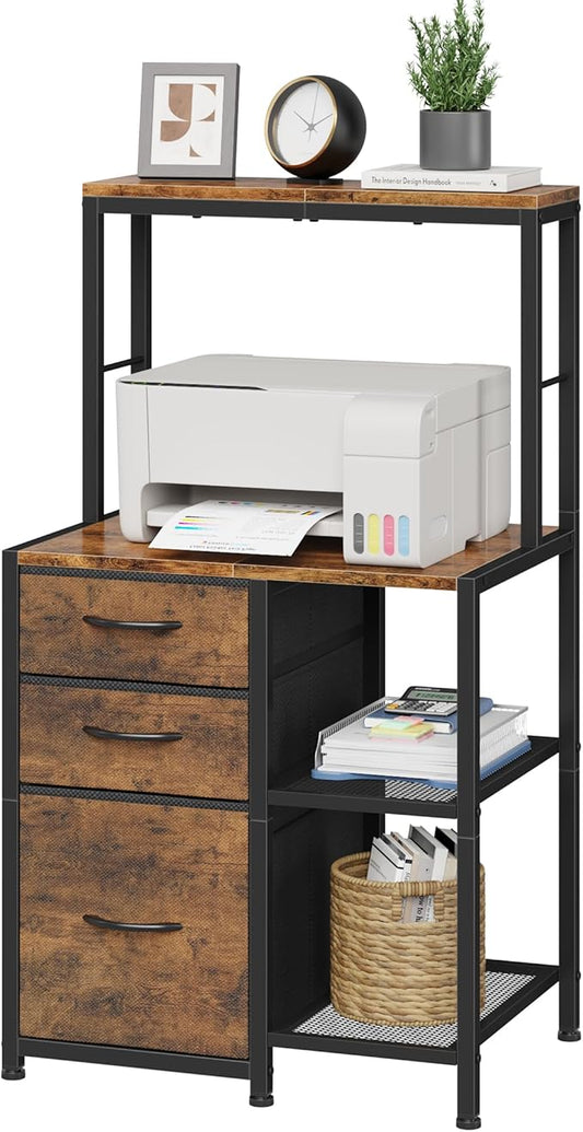 File Cabinet with 3 Fabric Drawers and 4 Open Shelves, Printer Stand with Top Storage Shelf, Office Cabinet with File Drawer Fits A4/Letter for Home Office, Rustic Brown
