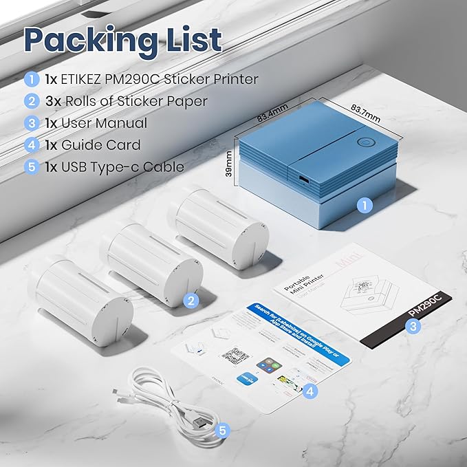 Sticker Printer, PM290C Portable Mini Printer, Inkless Bluetooth Sticker Maker with 3 Rolls Paper, Impresora Portátil for Notes, Journal, DIY, Gift, Print Pod for School/Office/Home, Blue
