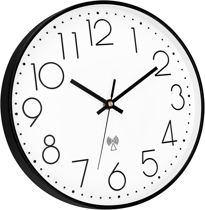 Foxtop Atomic Wall Clock Battery Operated Round Analog Modern Black Wall Clock Sets Automatically for Office Classroom Bedroom Kitchen Living Room