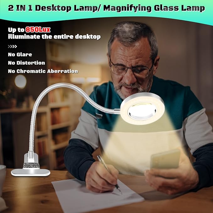 10X Magnifying Glass with Light, Clip on Mganifier with Light, 48 LED Desk Lmap Magnifying Glass wtih Clamp, 3 Modes Dimmable LED Lamps for Bed Work Crafts DIY Repair Gray