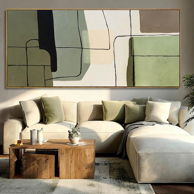 Large Abstract Canvas Wall Art 32x70 Inch, Green Beige Neutral Framed Wall Art, Modern Horizontal Canvas Wall Art with Wooden Frame for Living Room Home Decor