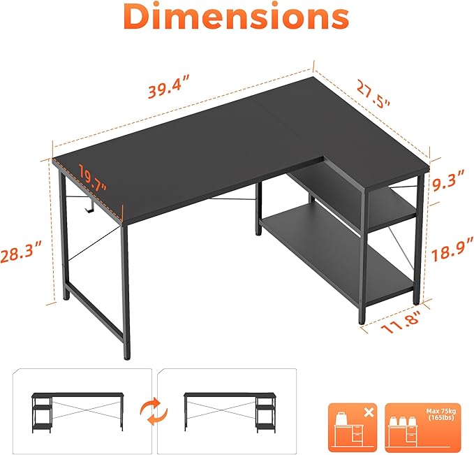 Mericonia Small L Shaped Computer Desk, Reversible Gaming Desk with Storage Shelves, Corner Gamer Desk Table, Study Writing Table