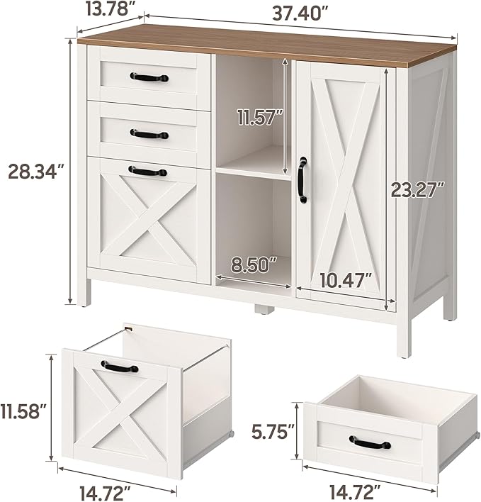 Farmhouse Lateral Filing Cabinet, Lateral File Cabinet with 3 Drawers and Cabinet, Large Printer Stand with File Drawer for Letter/A4 Size Hanging Files for Home Office, Rustic White
